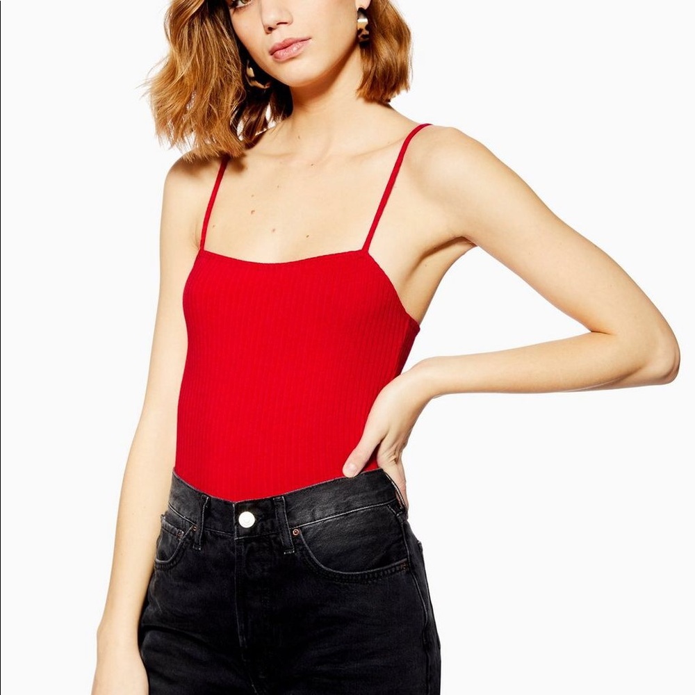 TOPSHOP Red Ribbed Square Beck Bodysuit